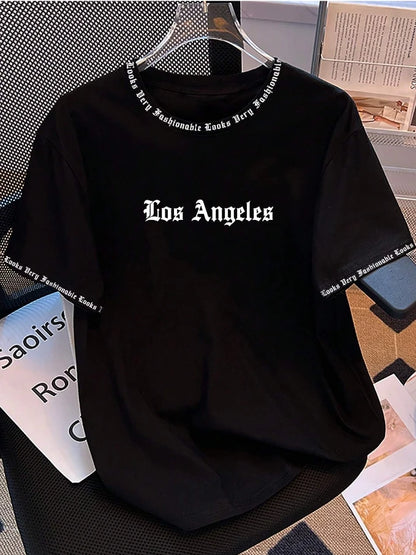 2025 Camiseta Los Angeles LA Gola Redonda Manga Curta Casual Solta Camiseta de Algodão Cor Sólida Casaco Base Estilo Americano
