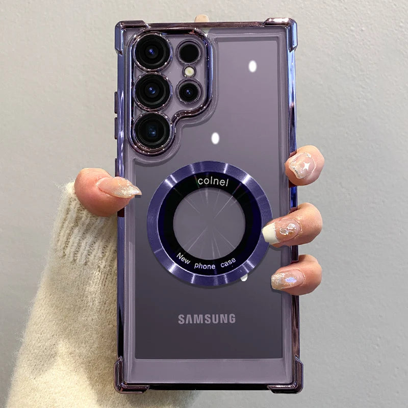 Capa de carregamento magnético sem fio com revestimento de luxo para Samsung S25 S24 Ultra S23 FE S22 Plus S21 Note 20 Capa de proteção de lente transparente