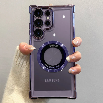 Capa de carregamento magnético sem fio com revestimento de luxo para Samsung S25 S24 Ultra S23 FE S22 Plus S21 Note 20 Capa de proteção de lente transparente