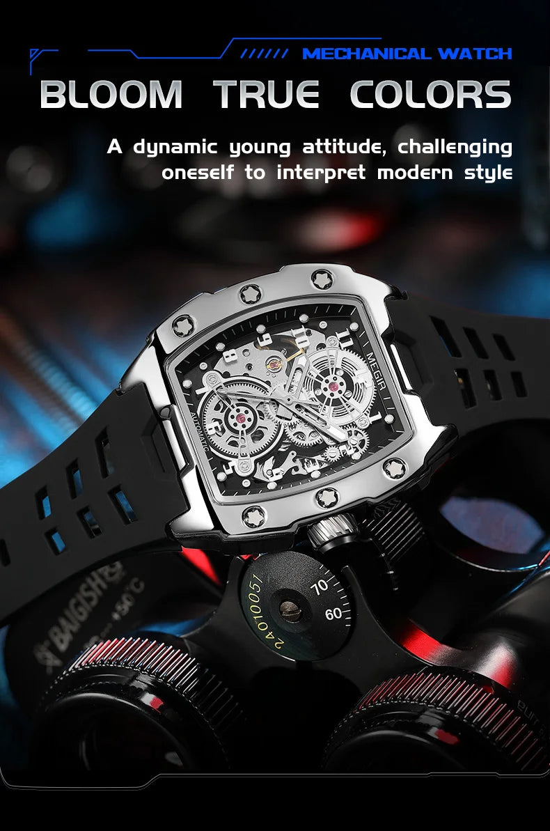 MEGIR Relógio Mecânico Masculino de Marca Top Fashion, Esportivo, Oco, Automático, Relógio de Pulso Luminoso, À Prova D'Água