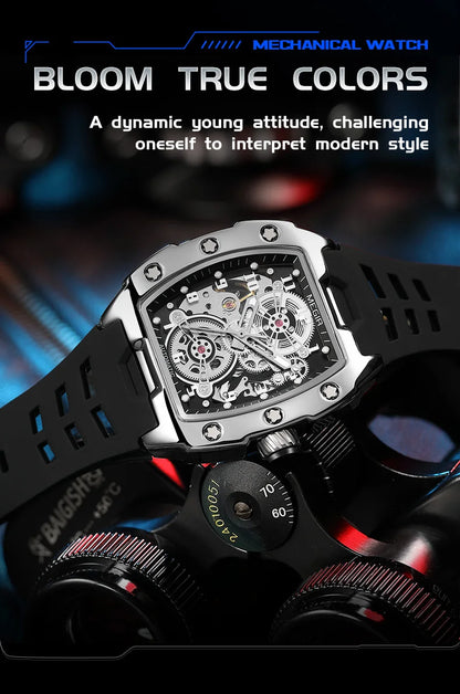 MEGIR Relógio Mecânico Masculino de Marca Top Fashion, Esportivo, Oco, Automático, Relógio de Pulso Luminoso, À Prova D'Água