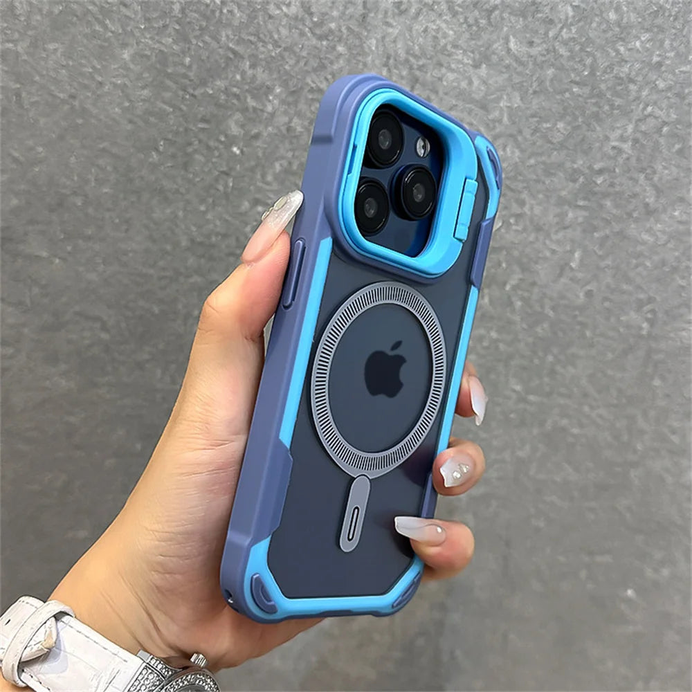 Capa magnética de luxo com armadura de cor contrastante para iPhone 16, 15, 14, 13, 12 Pro Max 11, suporte de lente dobrável para capa traseira Magsafe