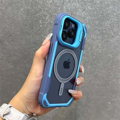 Capa magnética de luxo com armadura de cor contrastante para iPhone 16, 15, 14, 13, 12 Pro Max 11, suporte de lente dobrável para capa traseira Magsafe