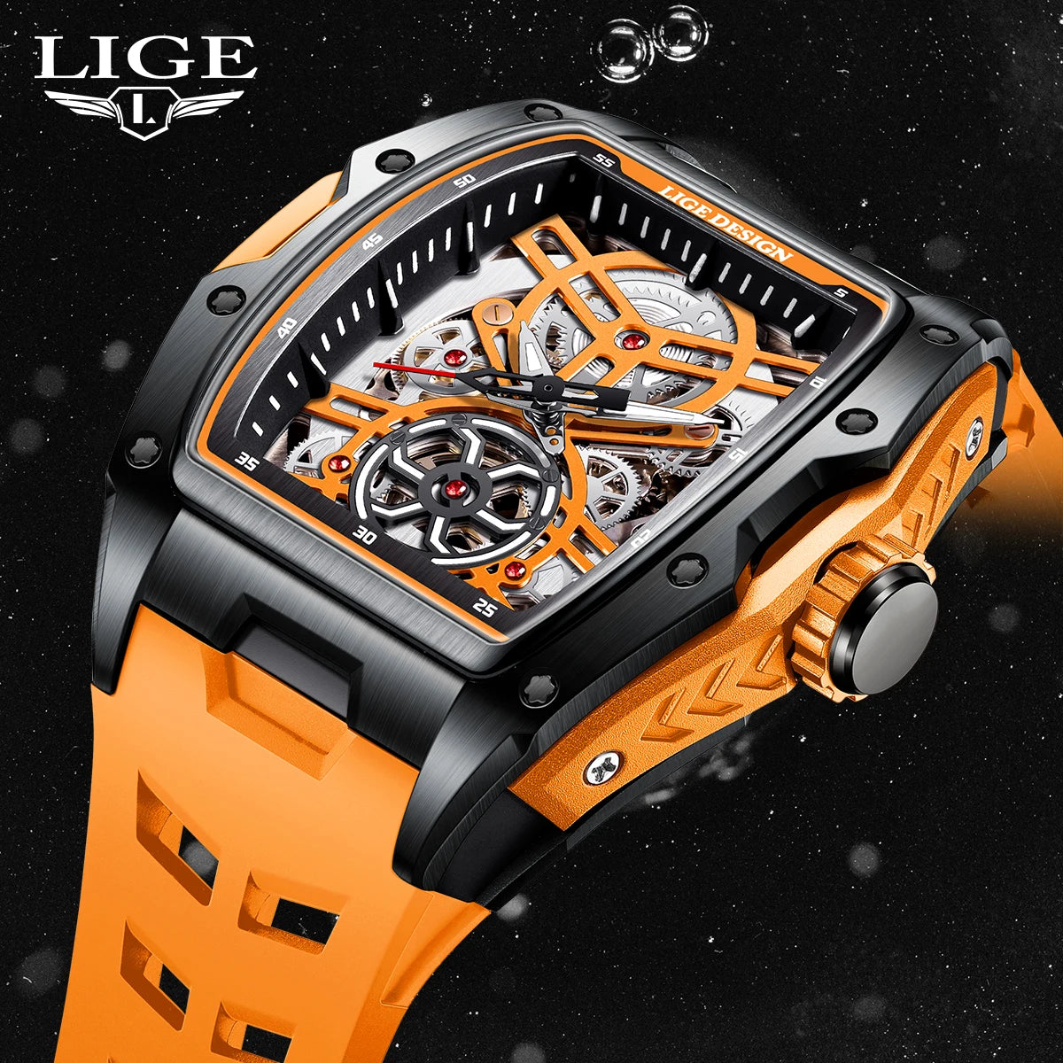Relógios Lige Novos Masculinos Esqueleto Mecânico Automático Relógio de Marca de Luxo Luminoso 30M Relógio à Prova D'água para Homens
