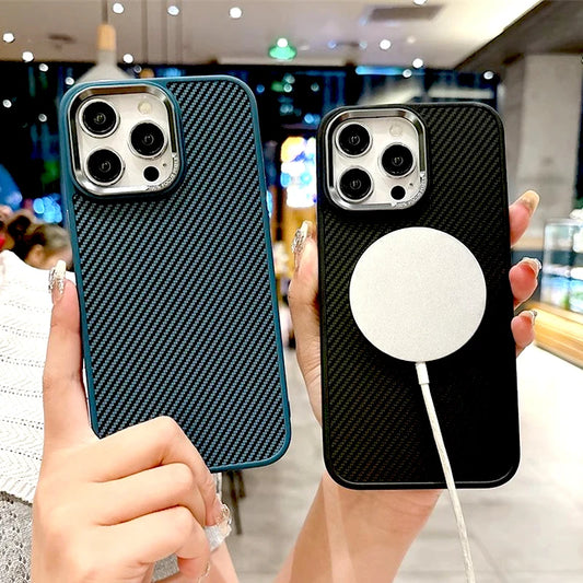 Capa de fibra de carbono MagSafe de luxo para iPhone 16, 15, 14, 13, 12, 11 Pro Max Plus, 16Pro, 15Pro e 14Pro com carregador sem fio MagSafe