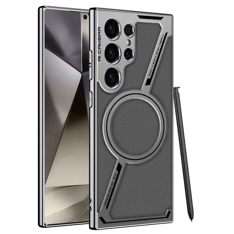 Capa de celular de couro liso com revestimento de luxo para Samsung Galaxy S25 S24 S23 Ultra Magsafe, capa protetora magnética com carregamento sem fio
