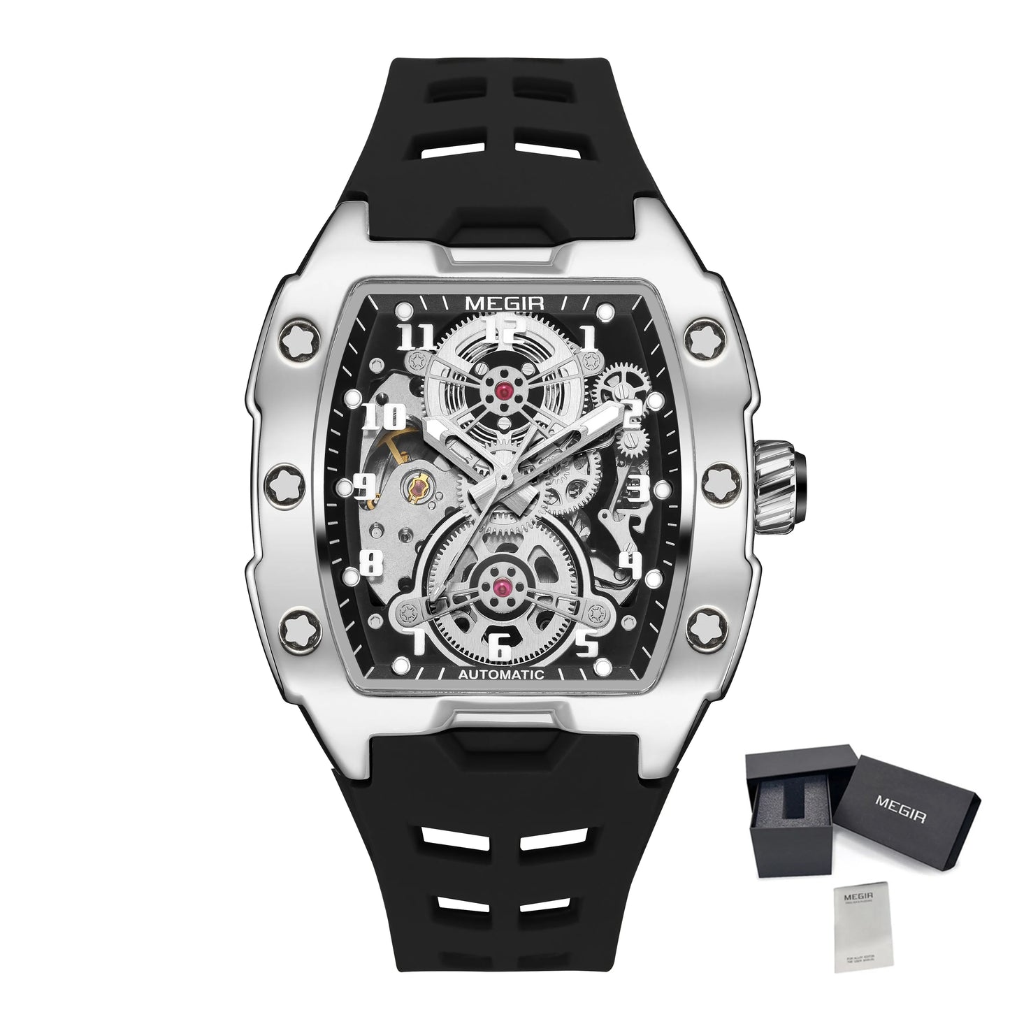 MEGIR Relógio Mecânico Masculino de Marca Top Fashion, Esportivo, Oco, Automático, Relógio de Pulso Luminoso, À Prova D'Água