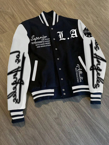 Jaqueta de beisebol masculina Manfinity EMRG com estampa simples e manga comprida para uso diário, jaqueta masculina, roupas masculinas, jaquetas para homens