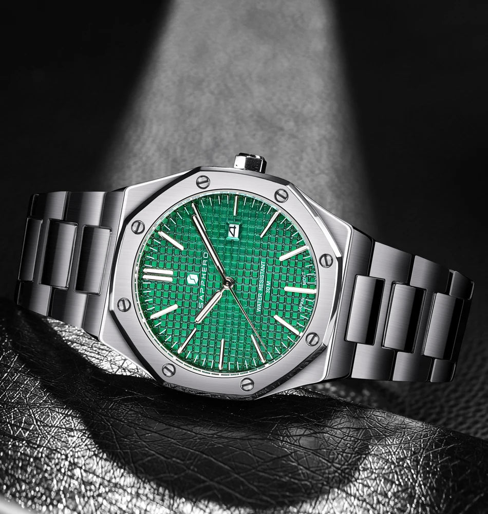 Relógio de pulso masculino SAPPHERO de luxo para negócios em aço inoxidável, esportivo, à prova d'água, resistente, presente para homens