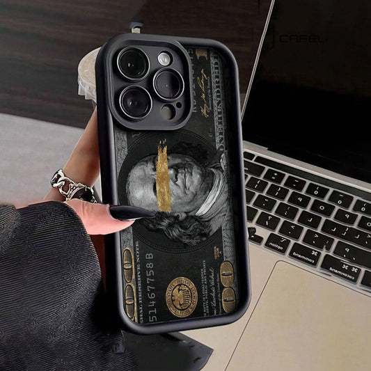Capa de silicone com cobertura total em formato de notas de dólar preto para iPhone 16 15 14 13 12 11 ProMax XSMax XR 7 8 Plus à prova de choque