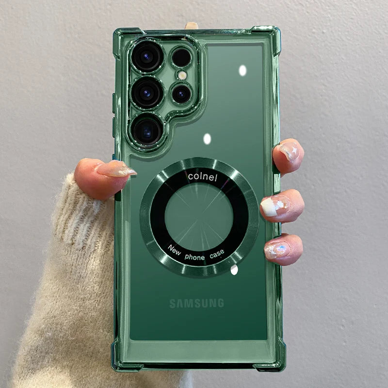 Capa de carregamento magnético sem fio com revestimento de luxo para Samsung S25 S24 Ultra S23 FE S22 Plus S21 Note 20 Capa de proteção de lente transparente