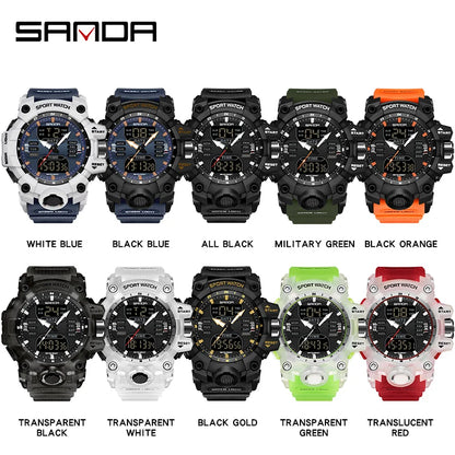 SANDA Relógio Eletrônico Masculino Estilo G Luxo Esportes ao Ar Livre LED Analógico Digital Cronógrafo Militar Display Duplo 50M À Prova D'Água