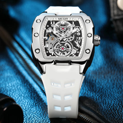 MEGIR Relógio Mecânico Masculino de Marca Top Fashion, Esportivo, Oco, Automático, Relógio de Pulso Luminoso, À Prova D'Água
