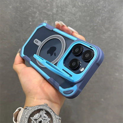 Capa magnética de luxo com armadura de cor contrastante para iPhone 16, 15, 14, 13, 12 Pro Max 11, suporte de lente dobrável para capa traseira Magsafe