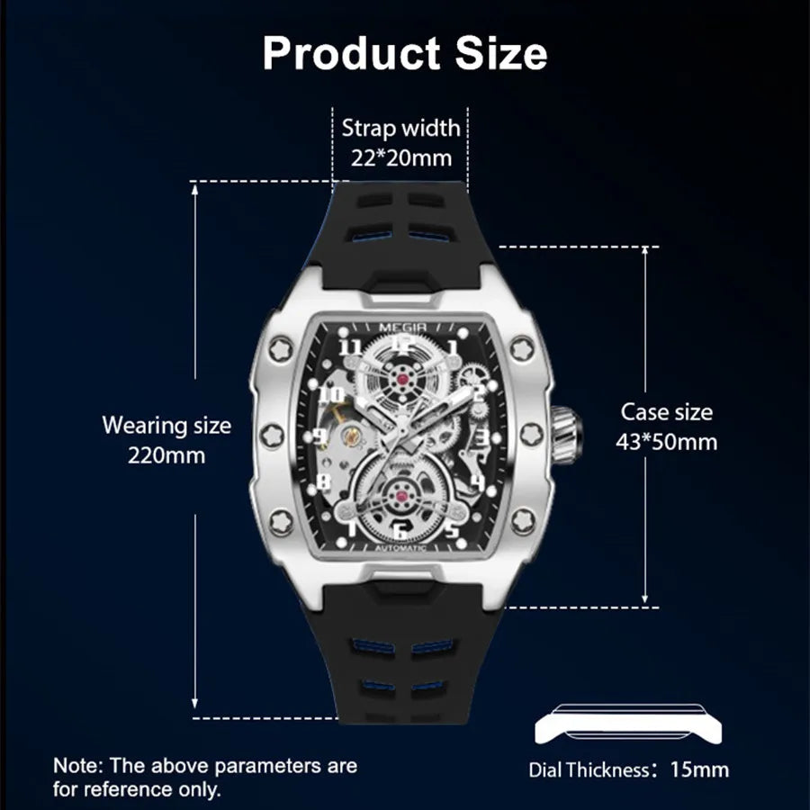 MEGIR Relógio Mecânico Masculino de Marca Top Fashion, Esportivo, Oco, Automático, Relógio de Pulso Luminoso, À Prova D'Água