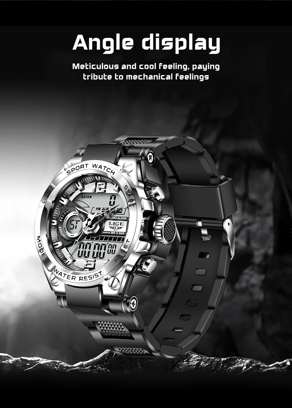 Relógio militar masculino Lige, digital, à prova d'água, 50 m, LED, quartzo, esportivo, grande, relógio masculino