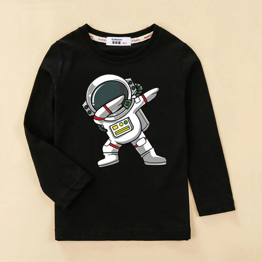 Roupas de desenho animado de astronauta para crianças, camisa de algodão para bebês meninos, camiseta de algodão de manga comprida, camiseta espacial infantil, tops de 3 a 14 anos