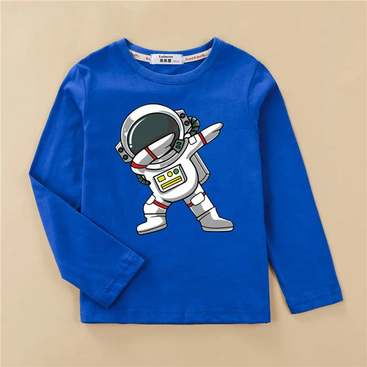 Roupas de desenho animado de astronauta para crianças, camisa de algodão para bebês meninos, camiseta de algodão de manga comprida, camiseta espacial infantil, tops de 3 a 14 anos
