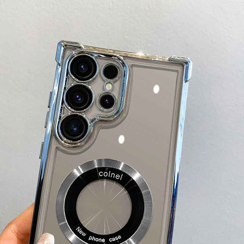 Capa de carregamento magnético sem fio com revestimento de luxo para Samsung S25 S24 Ultra S23 FE S22 Plus S21 Note 20 Capa de proteção de lente transparente