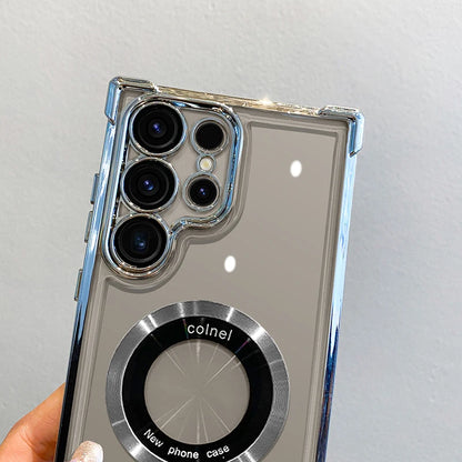 Capa de carregamento magnético sem fio com revestimento de luxo para Samsung S25 S24 Ultra S23 FE S22 Plus S21 Note 20 Capa de proteção de lente transparente