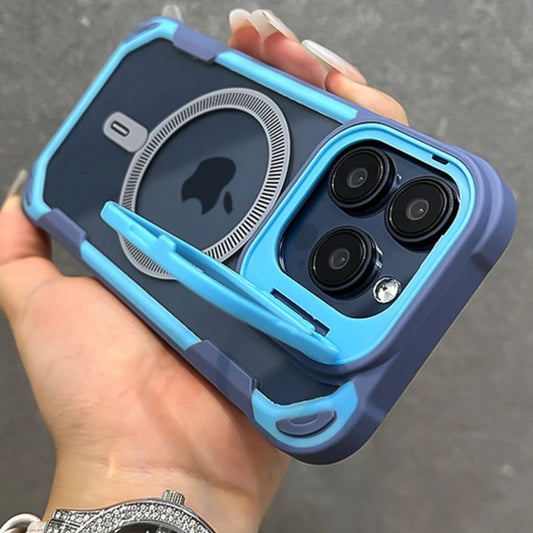 Capa magnética de luxo com armadura de cor contrastante para iPhone 16, 15, 14, 13, 12 Pro Max 11, suporte de lente dobrável para capa traseira Magsafe