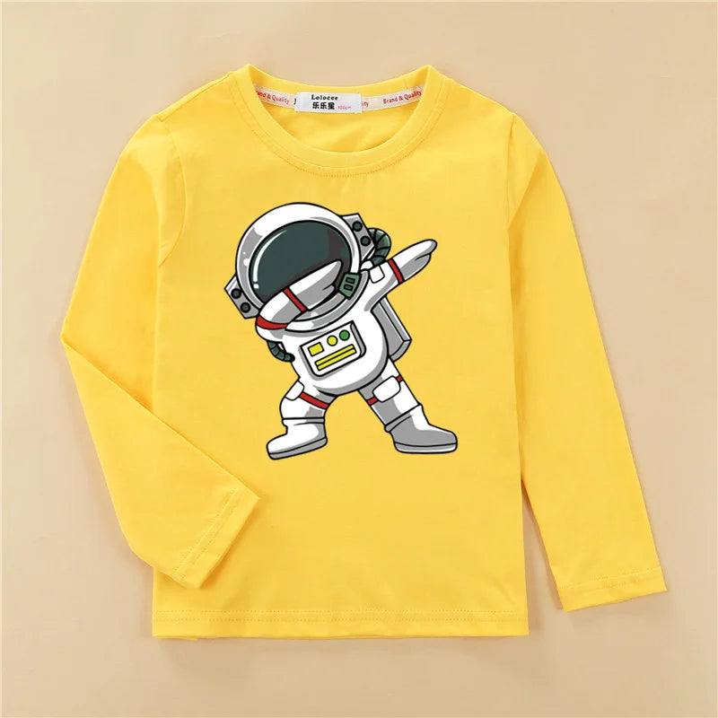 Roupas de desenho animado de astronauta para crianças, camisa de algodão para bebês meninos, camiseta de algodão de manga comprida, camiseta espacial infantil, tops de 3 a 14 anos