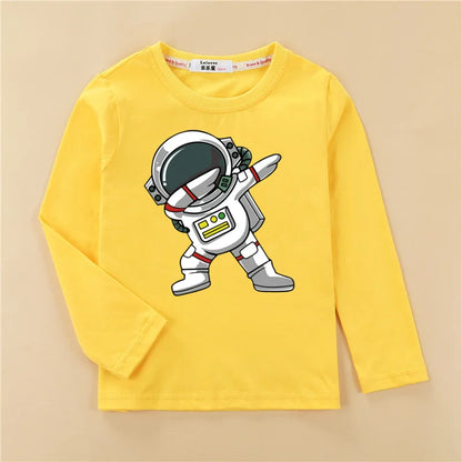 Roupas de desenho animado de astronauta para crianças, camisa de algodão para bebês meninos, camiseta de algodão de manga comprida, camiseta espacial infantil, tops de 3 a 14 anos