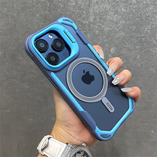 Capa magnética de luxo com armadura de cor contrastante para iPhone 16, 15, 14, 13, 12 Pro Max 11, suporte de lente dobrável para capa traseira Magsafe