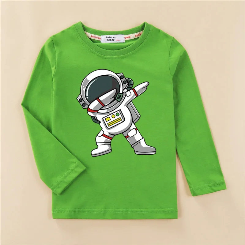 Roupas de desenho animado de astronauta para crianças, camisa de algodão para bebês meninos, camiseta de algodão de manga comprida, camiseta espacial infantil, tops de 3 a 14 anos