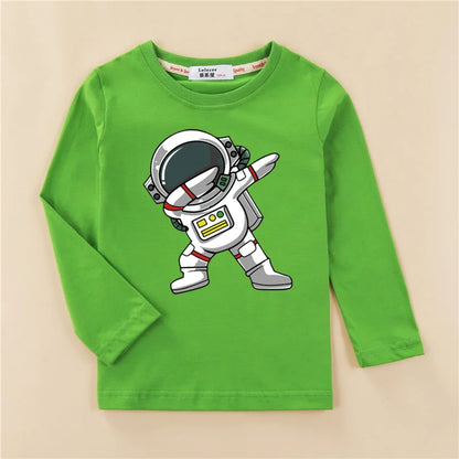 Roupas de desenho animado de astronauta para crianças, camisa de algodão para bebês meninos, camiseta de algodão de manga comprida, camiseta espacial infantil, tops de 3 a 14 anos