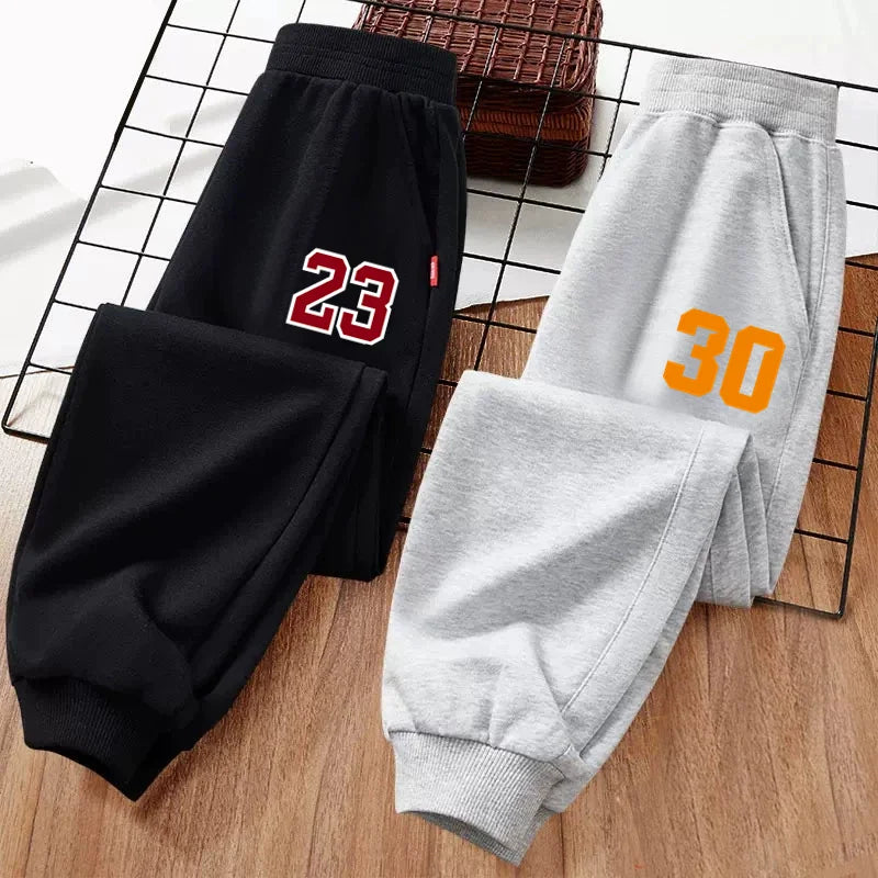 Calça de moletom infantil de basquete com número para meninos, primavera/outono, calças compridas esportivas para corrida