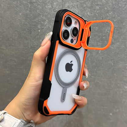 Capa magnética de luxo com armadura de cor contrastante para iPhone 16, 15, 14, 13, 12 Pro Max 11, suporte de lente dobrável para capa traseira Magsafe