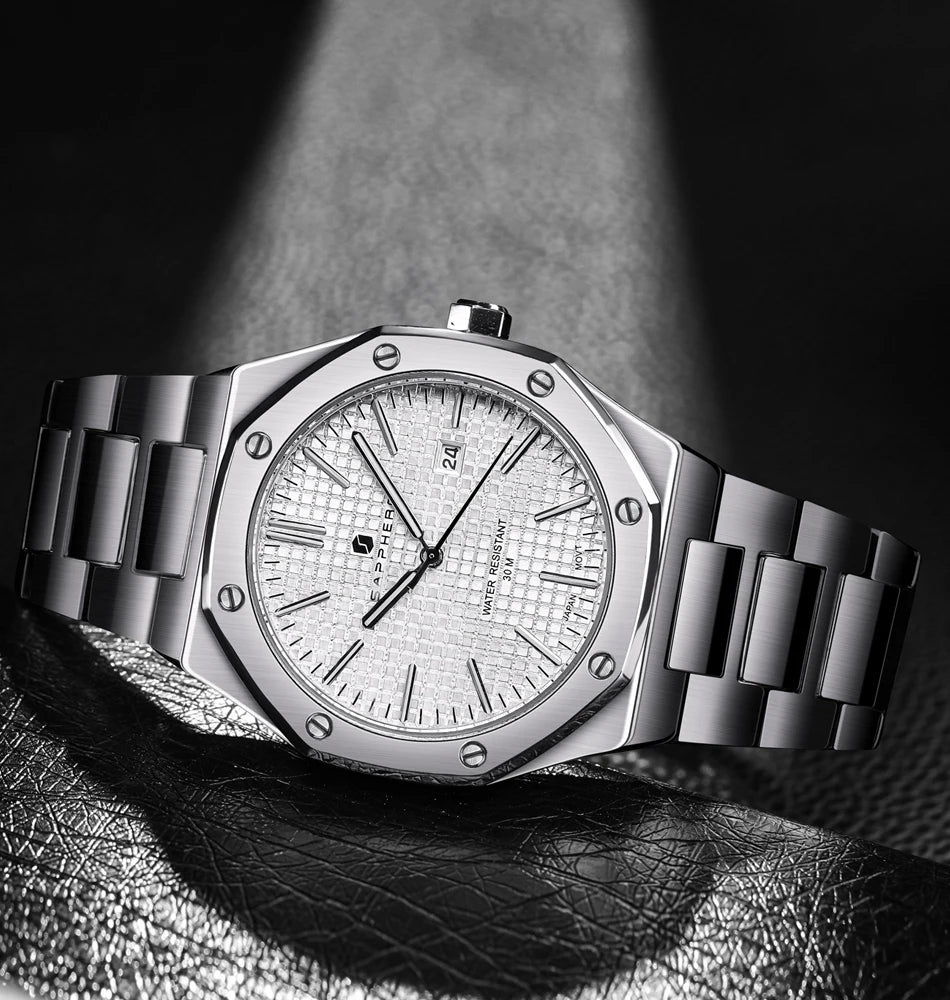 Relógio de pulso masculino SAPPHERO de luxo para negócios em aço inoxidável, esportivo, à prova d'água, resistente, presente para homens