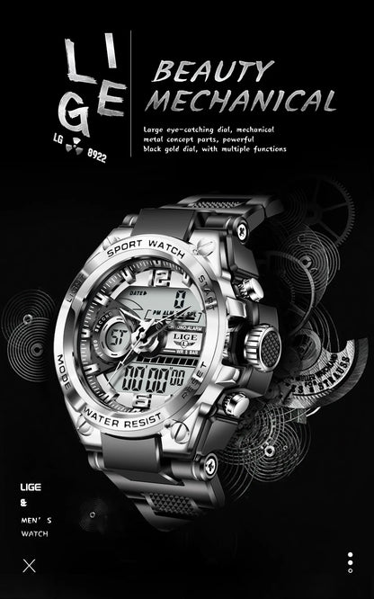 Relógio militar masculino Lige, digital, à prova d'água, 50 m, LED, quartzo, esportivo, grande, relógio masculino
