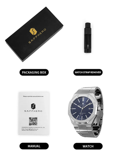 Relógio de pulso masculino SAPPHERO de luxo para negócios em aço inoxidável, esportivo, à prova d'água, resistente, presente para homens