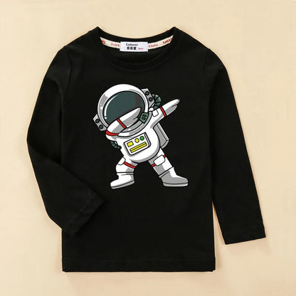 Roupas de desenho animado de astronauta para crianças, camisa de algodão para bebês meninos, camiseta de algodão de manga comprida, camiseta espacial infantil, tops de 3 a 14 anos