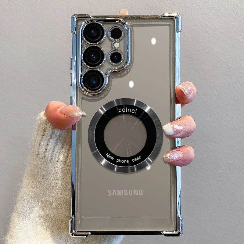 Capa de carregamento magnético sem fio com revestimento de luxo para Samsung S25 S24 Ultra S23 FE S22 Plus S21 Note 20 Capa de proteção de lente transparente