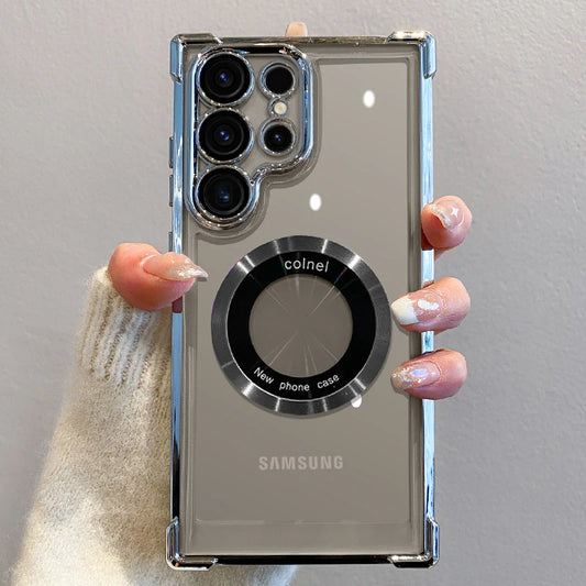 Capa de carregamento magnético sem fio com revestimento de luxo para Samsung S25 S24 Ultra S23 FE S22 Plus S21 Note 20 Capa de proteção de lente transparente