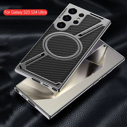 Capa de celular de couro liso com revestimento de luxo para Samsung Galaxy S25 S24 S23 Ultra Magsafe, capa protetora magnética com carregamento sem fio