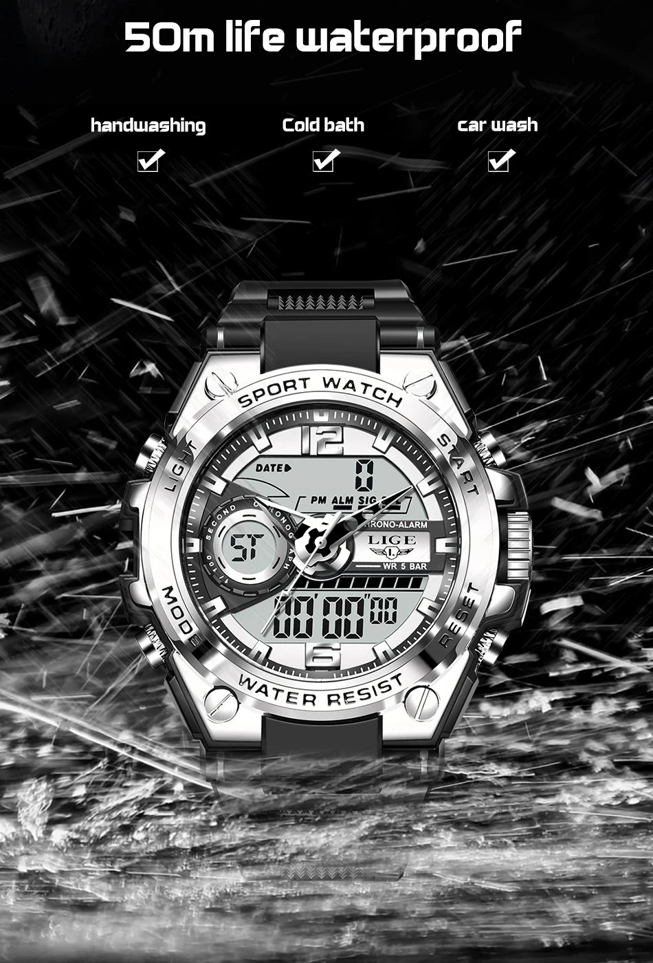 Relógio militar masculino Lige, digital, à prova d'água, 50 m, LED, quartzo, esportivo, grande, relógio masculino