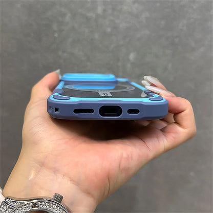 Capa magnética de luxo com armadura de cor contrastante para iPhone 16, 15, 14, 13, 12 Pro Max 11, suporte de lente dobrável para capa traseira Magsafe