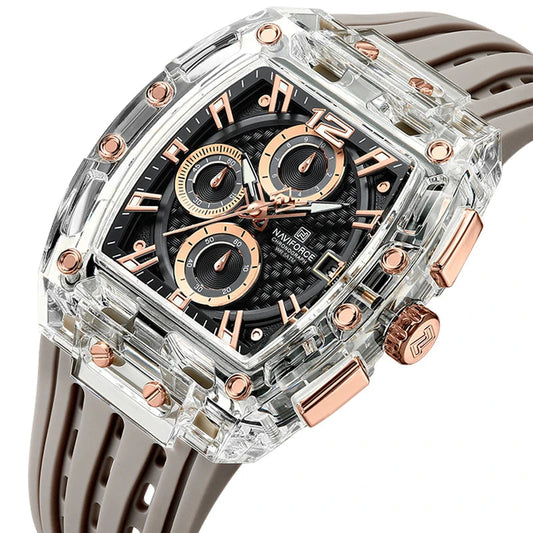 Novo relógio masculino NAVIFORCE de quartzo multifuncional, esportivo, moderno, cronógrafo, à prova d'água, 5ATM, pulseira de silicone, relógio de pulso casual masculino