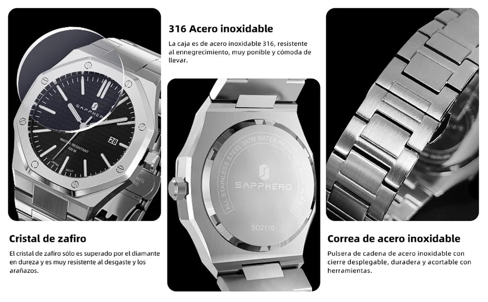 Relógio de pulso masculino SAPPHERO de luxo para negócios em aço inoxidável, esportivo, à prova d'água, resistente, presente para homens