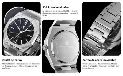 Relógio de pulso masculino SAPPHERO de luxo para negócios em aço inoxidável, esportivo, à prova d'água, resistente, presente para homens