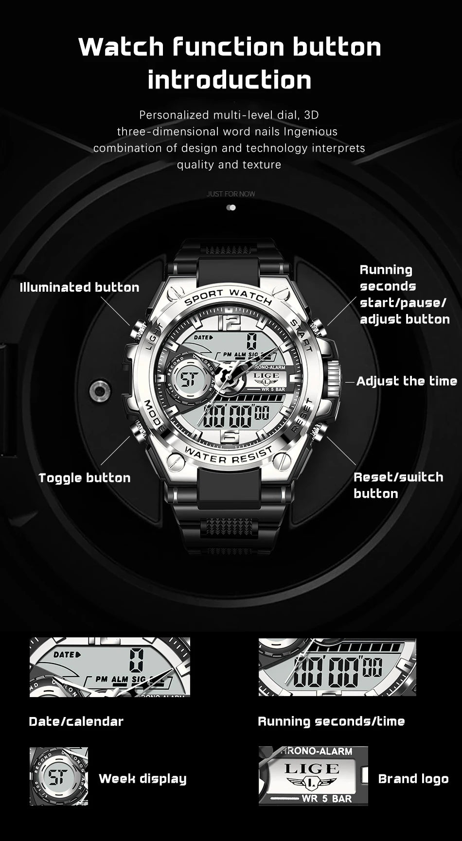 Relógio militar masculino Lige, digital, à prova d'água, 50 m, LED, quartzo, esportivo, grande, relógio masculino