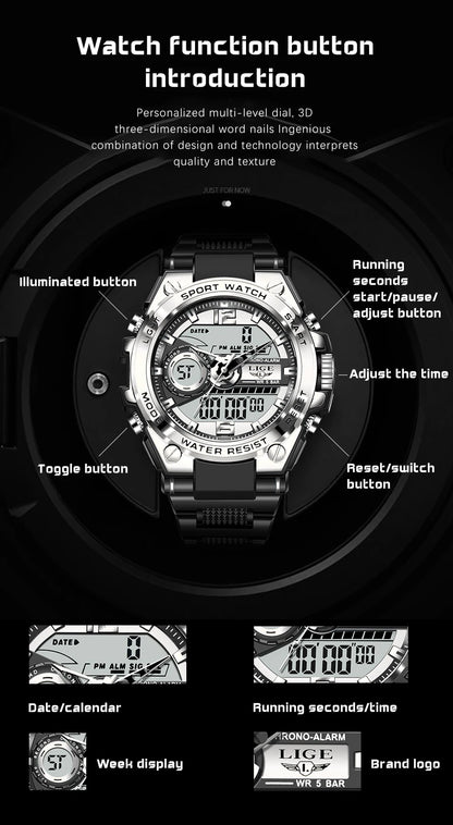 Relógio militar masculino Lige, digital, à prova d'água, 50 m, LED, quartzo, esportivo, grande, relógio masculino