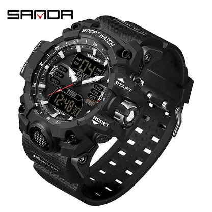 SANDA Relógio Eletrônico Masculino Estilo G Luxo Esportes ao Ar Livre LED Analógico Digital Cronógrafo Militar Display Duplo 50M À Prova D'Água