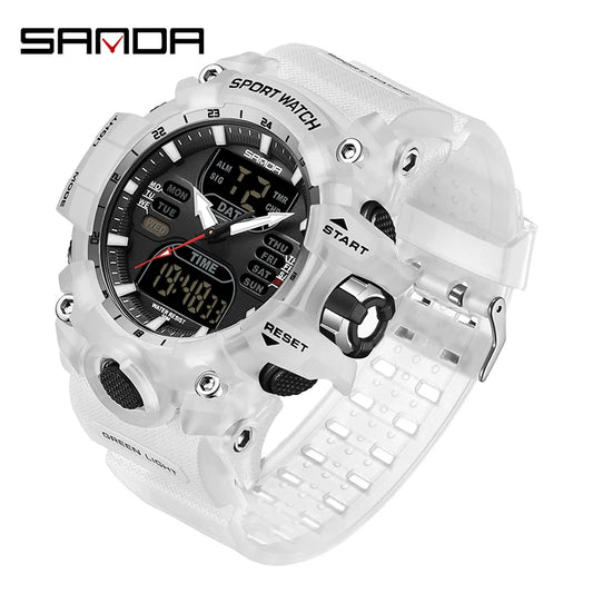 SANDA Relógio Eletrônico Masculino Estilo G Luxo Esportes ao Ar Livre LED Analógico Digital Cronógrafo Militar Display Duplo 50M À Prova D'Água
