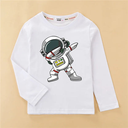 Roupas de desenho animado de astronauta para crianças, camisa de algodão para bebês meninos, camiseta de algodão de manga comprida, camiseta espacial infantil, tops de 3 a 14 anos