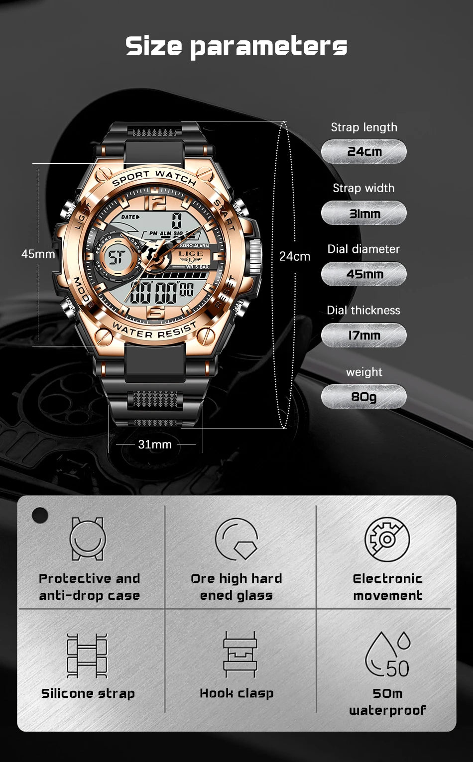 Relógio militar masculino Lige, digital, à prova d'água, 50 m, LED, quartzo, esportivo, grande, relógio masculino